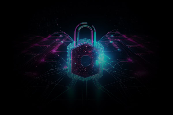 Glowing digital lock with encrypted code pulses and distributed ledger nodes representing access control