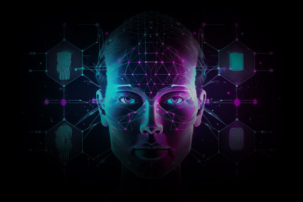 Glowing wireframe head with biometric scan lines and blockchain elements representing identity authentication