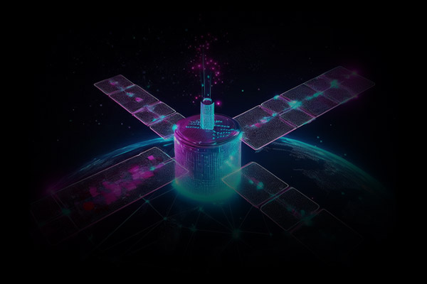 Glowing satellite beaming encrypted data with blockchain validation representing satellite communication